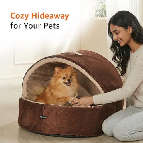 Image of Amazon Basics Pet Bed Cave | Soft & Warm Indoor Tent Bed for Cats, Kittens & Small /Medium Dogs (Pug, Beagle, Shih Tzu) | Foldable with Removable Cushion | Russet & Beige | 59 x 56 x 48 cm