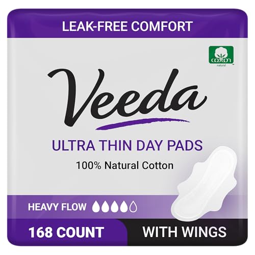 Image of Veeda Natural Cotton Day Pads for Women - Heavy Flow Absorbent Ultra-Thin Feminine Pads with Wings - Hypoallergenic Period pads - Unscented & Chlorine free Sanitary Napkins - 168 Count