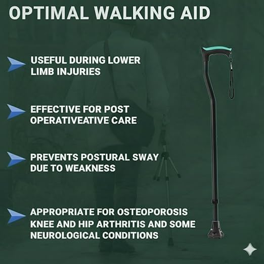 Image of MCP Jindal Premium Height Adjustable Walking Stick (Black) (Thunderbolt-Dynamo-Black)