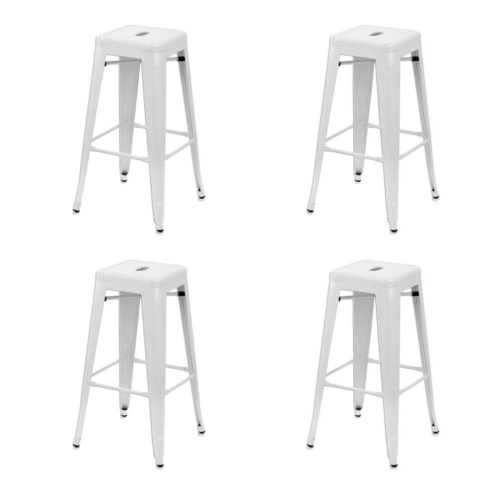EME Pack 4 Taburetes Alto Metálico de Acero Galvanizado. Taburete Metálico Apilable de 76x43x43cm Ideal para Usar en Interior y Exterior. Incluye 4 Unidades. (Blanco)