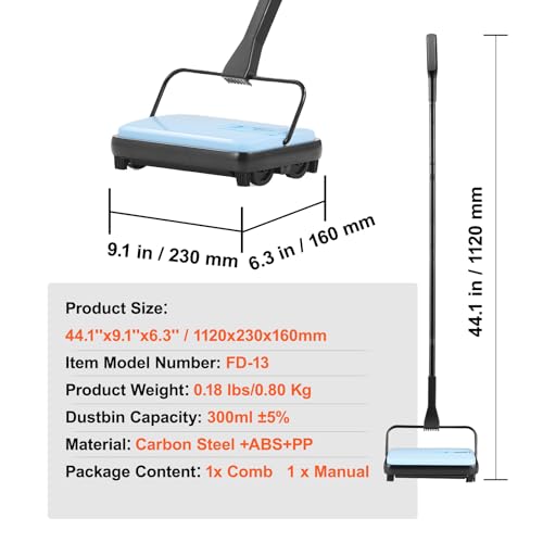 VEVOR Teppichkehrer Teppichbodenkehrmaschine manuell, Bodenkehrer mit 300 ml Staubbehälterkapazität, 17 cm Reinigungsbreite Kehrmaschine für Heimbüro-Teppiche Tierhaarstaub Teppichreinigung, Blau