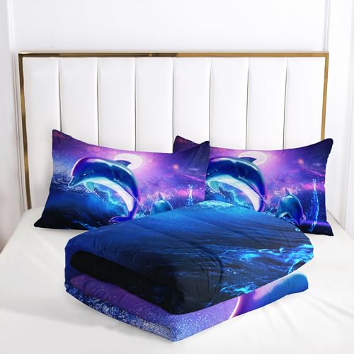 Image of AILONEN Dolphin Comforter Set Full Size, Starry Sky Sea Water Bedding Set for Kids Girls,Jumping Dolphin with Moon Bed in a Bag Duvet Set,3 Pieces,1 Quilt and 2 Pillowcases,Soft Microfiber
