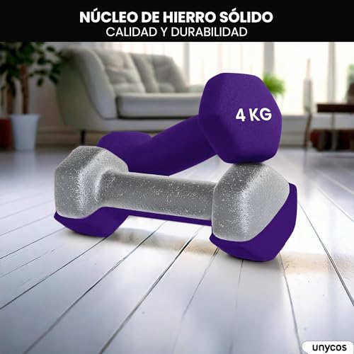 unycos - Pesas y Mancuernas Antideslizantes【Hierro | Neopreno】de 1 kg a 10 kg - Suaves al Tacto para Hombres y Mujeres, Diseño Ergonómico, Anti-Rodadura, Gimnasio en Casa, Fitness - Imagen 4
