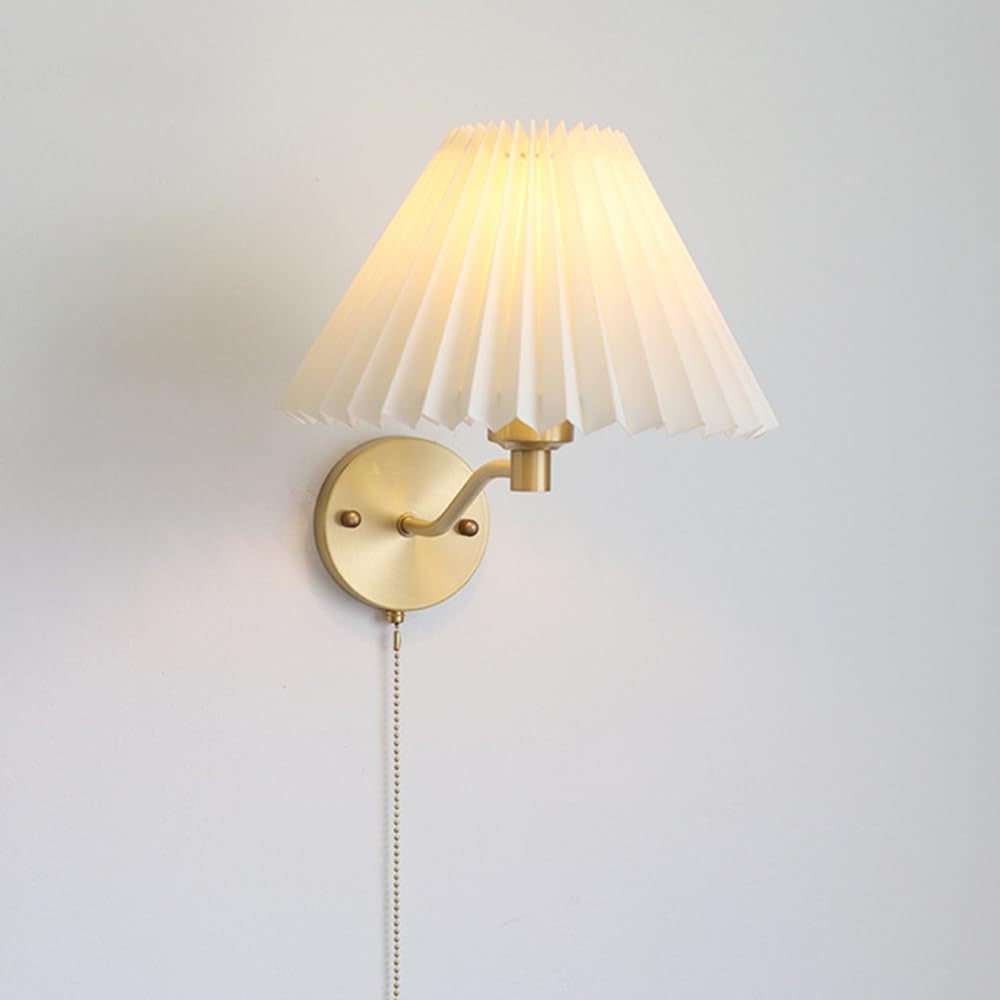 JKJZSALJ Brass Wall Sconce With White Pleated Fabric Lamp Shade, Bedroom Bedside Reading Wall Lamp