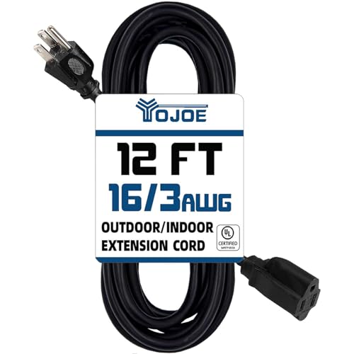 YOJOE Indoor Outdoor Extension Cord 3 Prong 13A Weatherproof Power Cord 16 Gauge Heavy Duty 12 ft Black Extension Cord for Garage Garden and Home 16/3 SJTW UL Certified