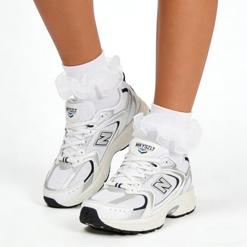 Image of Women Big Ruffle Ankle Socks Adult Double Lace Frilly Turn Cuff Dress Socks Cotton Cute Fancy Bobby Crew Socks