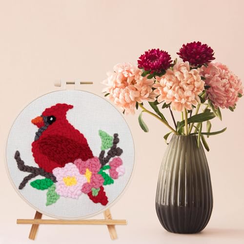 Image of Louise Maelys Beginners Punch Needle Kits,for Starter Adults,Rug Cross Stitch Kit Tool Including Handle Embroidery Pen,Cloth,Hoop,Threads and Instruction-Cardinal Bird Pattern