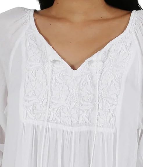 LA CERA Women's 100% Cotton 3/4 Sleeve Women Gown, Scoop Neckline, Embroidered Floral Motif, Side Pockets3