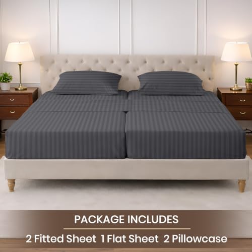 Image of SGI Split King Sheet Set for Adjustable Bed Egyptian Premium Cotton 600 Thread Count Sheets for Sleep Number Bed 15 inch Deep Pocket 5 Pc Set with 2 Twin XL Fitted Sheets Soft Breathable -Dark Grey Stripe