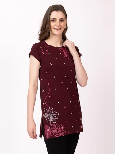 Image of Women Printed Cotton Tshirt with Side Slits & Pocket