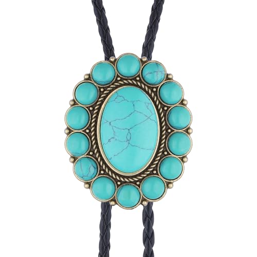 Image of GelConnie Bolo Tie for Men Women Western Cowboy Turquoise Leather Necktie | Natural Stone Bolo Tie Necklace for Women Rodeo Cowboy Leather Necktie Native American Western Cowgirl Ties Adjustable Cord