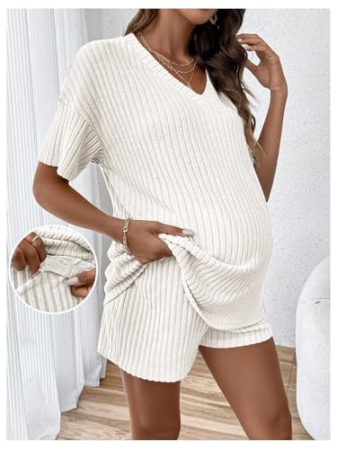 Image of MakeMeChic Women's Maternity 2 Piece Outfits Summer Short Sleeve Rib Knit Tee Top and Short Lounge Sets Clothes