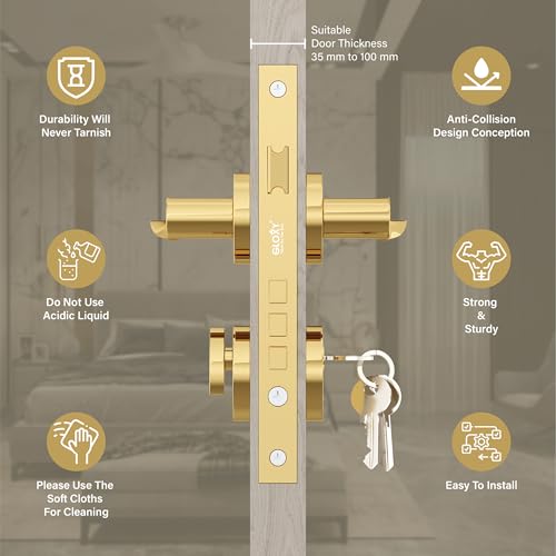 Image of GLOXY Mortise Door Locks for Main Door, Main Door Lock, Door Lockset with 3 Key Lock Body & Cylinder for Bedroom, Mortise Lock for Kitchen, Balcony | Gold Finish (2 Years Warranty, Pack of 1)