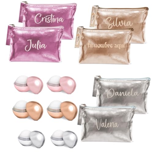 Balsamo Labial y Monedero a Juego con Color Metalizado con Posibilidad de PERSONALIZACION con Nombre. Pack 6 Unidades (Monedero con Nombre y balsamo)
