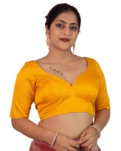 Image of FIGURE'S DESIGNER Women's Dupion Raw Silk Half Elbow Sleeves Sweetheart V Neck Sabyasachi Cut Readymade Saree Blouse S10