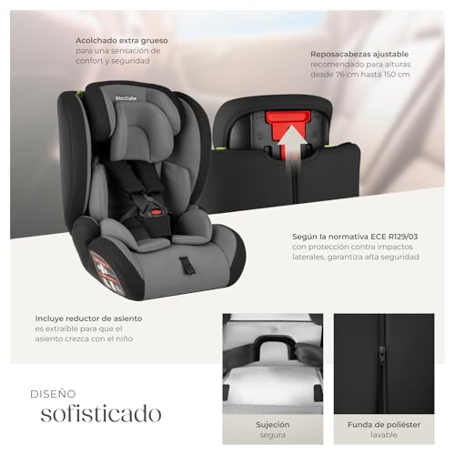 tectake® Silla de Coche Infantil con Aprobación i-Size con Protección Lateral, Anclaje, Top Tether, Arnés de 5 Puntos, Reposacabezas Ajustable, de 76 cm a 150 cm, Carga hasta 36 Kg - gris oscuro/negro - imagen 3