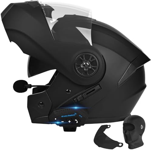 Bluetooth Modular Motorcycle Helmet DOT/ECE Approved Full Face Flip up Anti-Fog Double Visor Helmet Built-in Dual Speaker with Microphone for Adult Men and Women (Medium,Matte Black)
