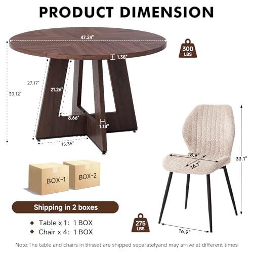 Image of 47 inch Round Dining Table Set for 4 with Chairs Kitchen Table and Chairs Set Mid-Century Modern Chair with Metal Leg for Apartment Living Room(Walnut Table with 4 Beige Chairs)