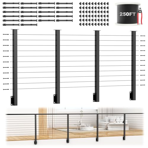 Image of 12-20ft Complete Set 36 inch Side Mount Level Railing Post Kit, 4 Pack Black Fascia Mount Level Drilled Post, 250ft 1 /8 inch Stainless Steel Cable(No Handrail), Swageless Cable Railing Kit, MY10-LP