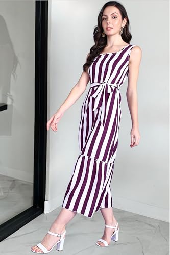 Image of POPWINGS Women Casual Blue & White Stripe Long Belt Dress Dress | Stylish Dress | Trendy Dress