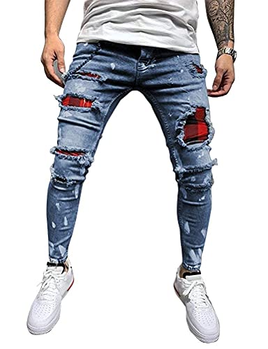 IDEALSANXUN Mens Skinny Jeans Ripped Pattern Stretch Jeans Denim Pants (Blue, 38)