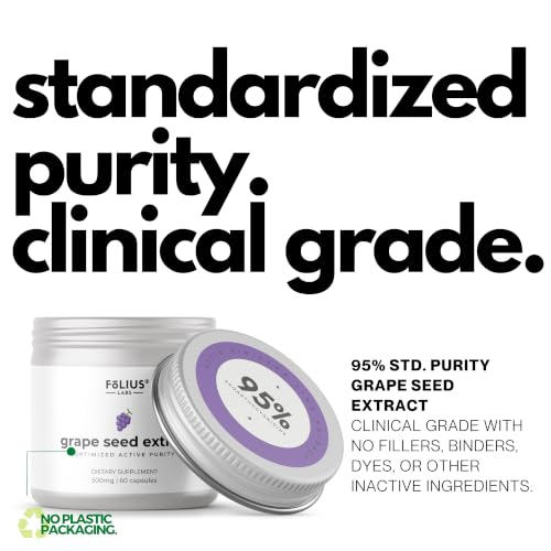 Image of FOLIUS LABS Clean Label Grape Seed Extract 500mg - 95% OPCs Polyphenols | High Strength Grape Seed Supplement - Support Cardiovascular Health, Blood Circulation - 60 Veg Capsules