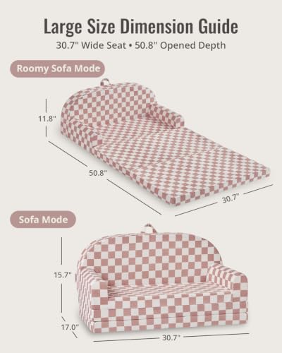 Image of Blissful Diary Foldable Kids Couch, Extra Wide Kids Sofa Chair, Blush Check
