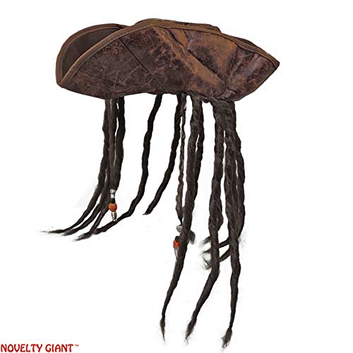 NOVELTY GIANT WWW.NOVELTYGIANT.COM Distressed Brown Carribean Pirate Costume Tri-Corn Hat Adult with Dreadlocks