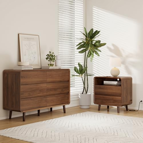Image of Nasonet Night Stand with Charger Station, Mid Century Modern Nightstand with 2 Drawers, Wood Bedside Table for Bedroom, Curved Beveled Design, Walnut