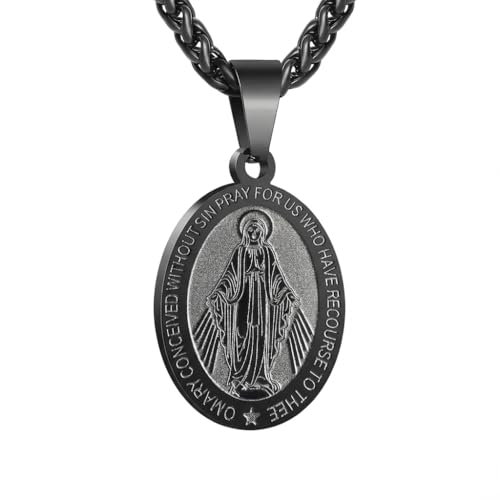 DNBVII Stainless Steel Oval Virgin Mary Pendant Necklace for Men & Women - Catholic Miraculous Medal, Religious Faith Protection Amulet with 24" Chain（Black）