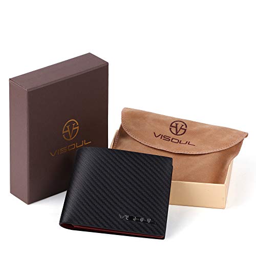 Visoul Mens Rfid Blocking Bifold Leather Wallet With 2 Id Windows, Carbon Fiber Leather Designer Card Holder Wallet With 2 Cash Compartments (Black+Burgundy) #TOP6