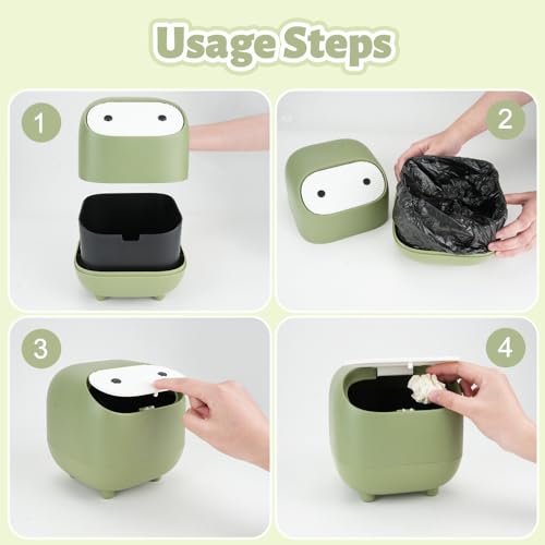 Image of Mini Trash Can, Cute Small Trash Can with Lid, Desktop Paper Bin with 90 of Bin Liners, Portable Tabletop Dustbin, Cartoon Animal Rubbish Storage for Office Bedroom Desk Car Kitchen(Green)