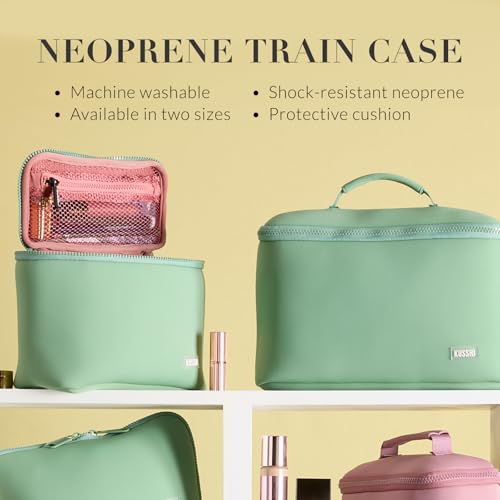KUSSHI Neoprene Train Case Makeup Bag - Washable Makeup Travel Bag & Vanity Case for Stress Free Travel (Small, Mauve/Stone)