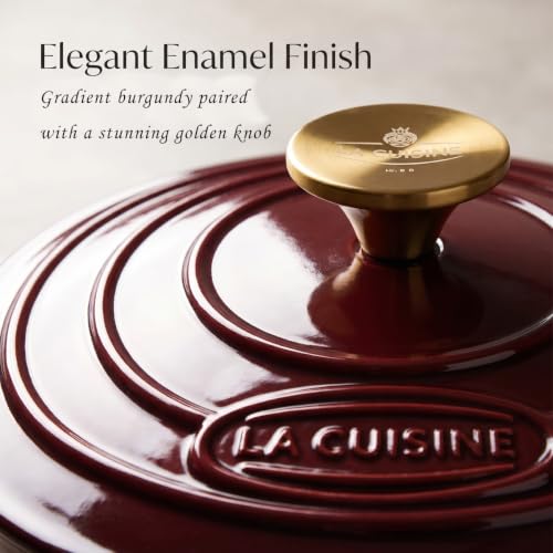 Image of La Cuisine Enameled Cast Iron Dutch Oven Casserole Dish Pot with Lid, 2.1 QT 7.9 inch /20cm Dia. Internal Matt Black Enamel Coating, Gold-Plated SS Lid Handle Oven Safe up to 500 F, Cranberry