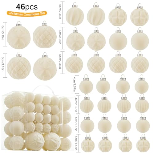 Velvet Christmas Ball Ornaments - 46pcs Flocked Christmas Tree Decorations Set Assorted Shatterproof Hanging Ornaments with Loop for Xmas Holiday Home Decor, 3 Sizes (Cream) - image 2