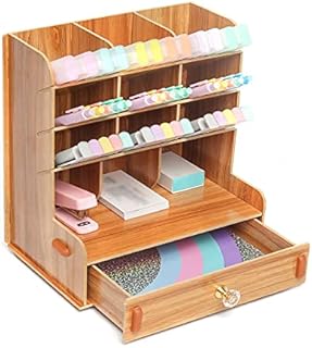 EXERZ Wooden Desk Organiser - Multifunction Desktop Tidy With Drawers. 5 Tiers, Spacious For Stationary, Office, Art Pen And Brushes, Paper And Mail. Wooden Storage Caddy.
