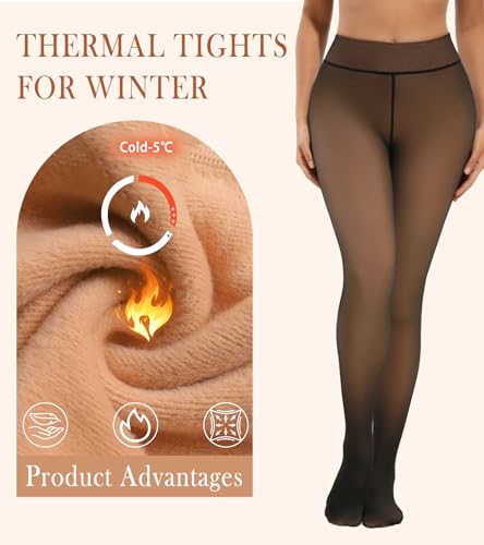 Image of Fleece Lined Tights for Women, Thermal Tights, High Waist Tummy Control Fake Translucent Pantyhose, Fake Translucent Black, Medium