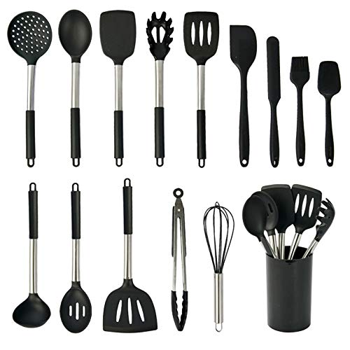 Silicone Cooking Utensil Set,coltd 15 Piece Silicone Utensil Set, Heat Resistant Non-stick Pan Silicone Stainless Steel Handle Without BPA Turner Spatula Spoon Egg Beater Tongs Whisk Cookware (Black)