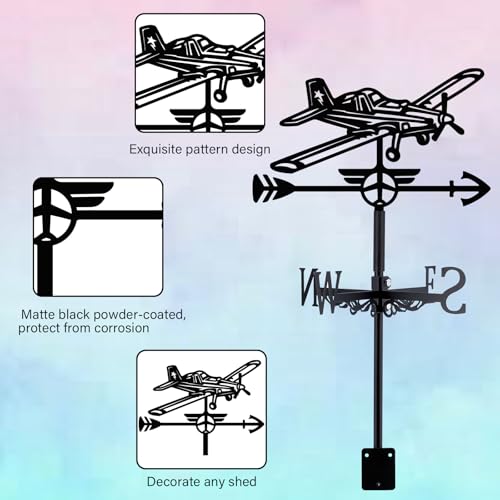 BEUNITONE Airplane Weathervane 26\' Height Black Metal Wind Sculpture Roof Garden Art Decor Farmhouse Durable Decorative Stake Waterproof Weathervane Garden Decor - Thumbnail 3