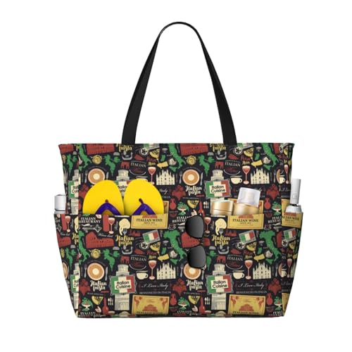 Large Beach Bags Water-resistant Sandproof - Stamp Pattern Italian Cute Beach Tote Bags for Women with Zipper