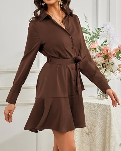 Image of Women's Long Sleeve Button Up Midi Belt Shift Collar Dress with Pockets for Work Office Business