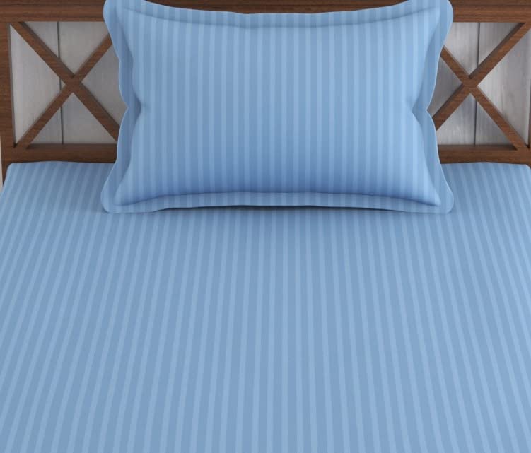 Image of Trance Home Linen 100% Cotton 75x36 inch Single Fitted 200TC Satin Stripe Elastic Fitted Bedsheet | Single Bed Size Daily use Fitted Bedspread with 1 Pillow Covers (75 inch x 36 inch | 6.25 x 3 feet,Sky Blue)
