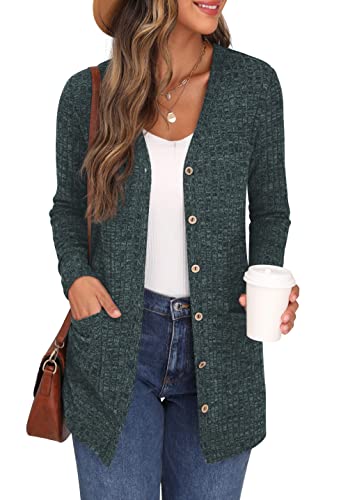 GRECERELLE Cardigan Mujer Elegante Chaqueta Punto Manga Larga Cuello en V Bolsillos Botones Estilo Largo (Verde Oscuro, XL)