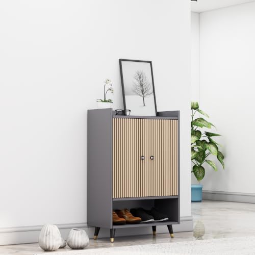 Image of Bniture Engineered Wood Shoe Cabinet with Door | Shoe Rack Wooden with Metal Legs | Sturdy and Stylish Wooden Cabinet for Home | Multipurpose Shoe Rack with 3D Fluted Panel (Grey & Giant Wood)