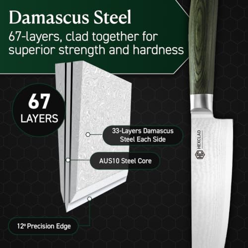Image of HexClad Espresso 7 Piece Japanese Damascus Stainless Steel Blade Essential Knife Set with Magnetic Knife Block, Full Tang Construction, Pakkawood Handle