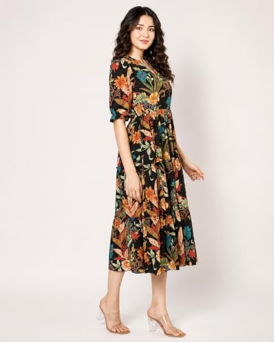 Image of LABEL ADRIJA Pure Cotton Calf Length Midi Dress for Women Floral Print | Flared Anarkali Dress Puff Sleeves