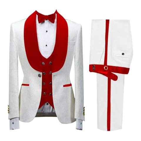 Wangyue White and Red Mens Tuxedo Suits Slim Fit 3 Piece Formal Floral Jacquard Wedding Tuxedos Suit Sets Shawl Collar Dress Suits Men for Wedding Prom White Pants Size 36 XS Cover
