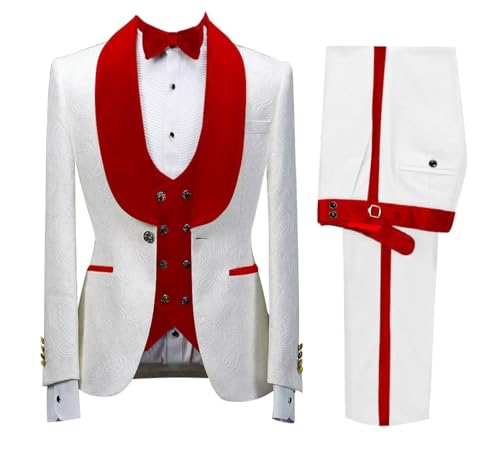 Wangyue White and Red Jacquard Suit Men's 3 Piece Suit