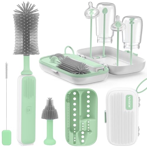Image of Yasew Electric Bottle Brush Cleaner, Baby Bottle Brush Travel Set, 360° Efficient Cleaning, Durable 2000 mAh Battery, Travel Bottle Brush Set with Drainage Rack and Storage Box, Baby Travel Essential