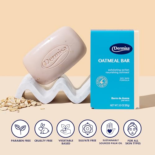 Dermisa Exfoliating Oatmeal Bar | Helps to Gently Cleanse and Exfoliate Dry Skin | Contains Oatmeal + Aloe Vera | NO PARABENS, NO SULFATES | 3 OZ | Pack of 3